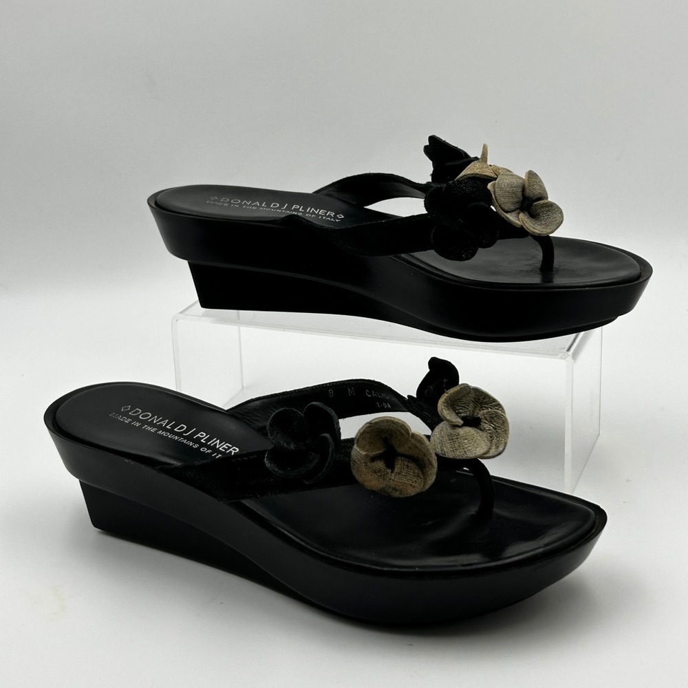 Donald J Pliner Calido Sandals Womens 8 Black Floral Wedge Platform Y2K Italy‎